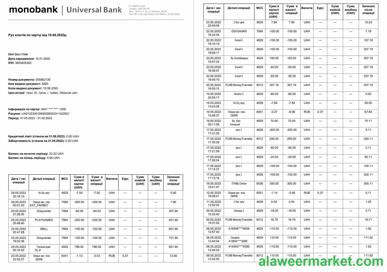 Ukraine Monobank statement on ukranian, 3 pages